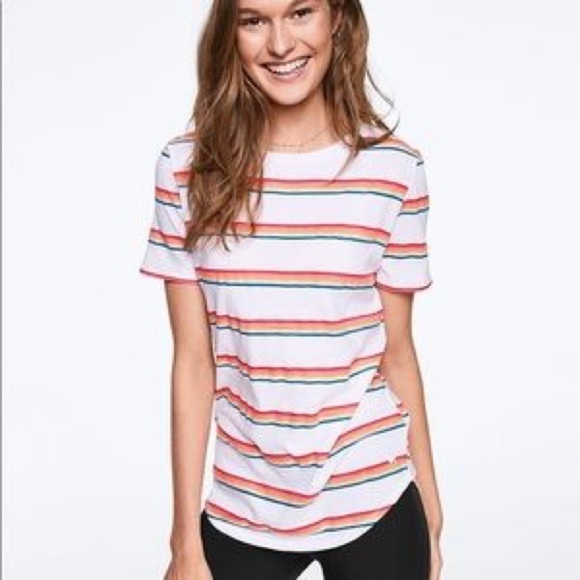 Pink Victoria’s Secret Crew Tee White Rainbow New - Picture 1 of 9